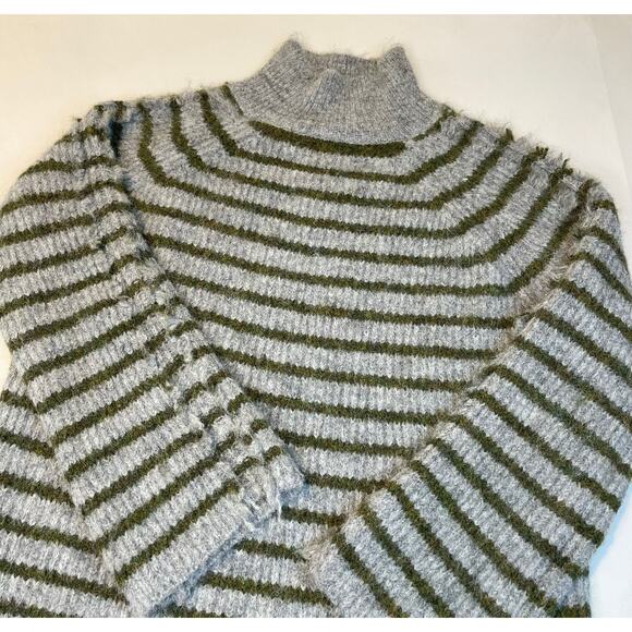 STITCHES + STRIPES Gray Olive Green Fuzzy Stripe Mock Neck Sweater XS - Picture 14 of 16